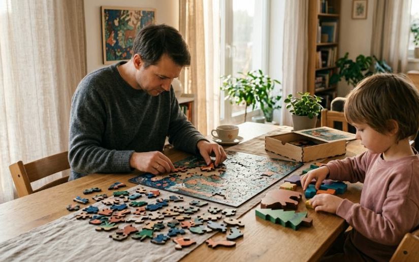 Батько з сином збирають фігурні дерев’яні пазли біля вікна