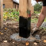 A man compares different wood treatments on vertical planks.