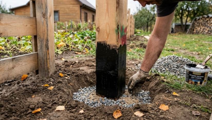 A man compares different wood treatments on vertical planks.