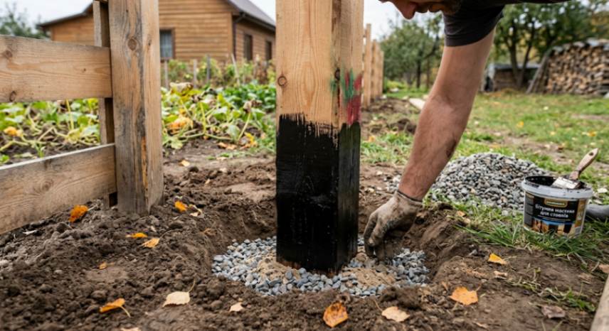 A man compares different wood treatments on vertical planks.