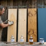 A man compares different wood treatments on vertical planks.