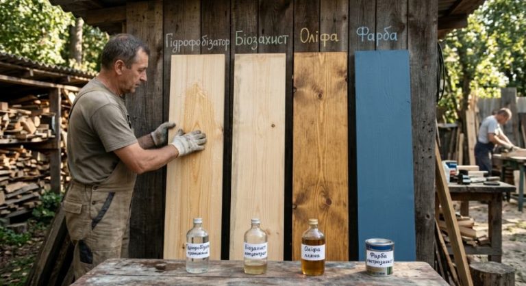 A man compares different wood treatments on vertical planks.