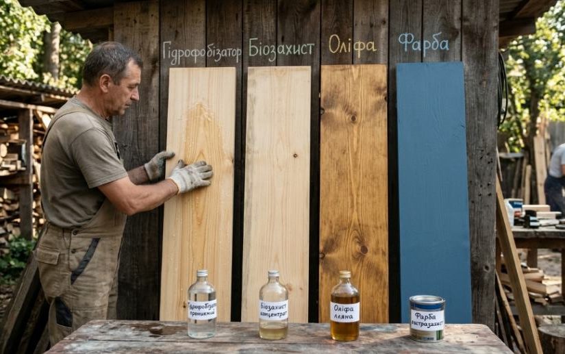 A man compares different wood treatments on vertical planks.
