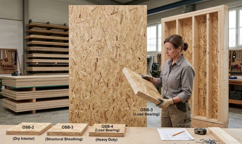 Фахівець порівнює зразки плит ОСБ різного типу у майстерні.