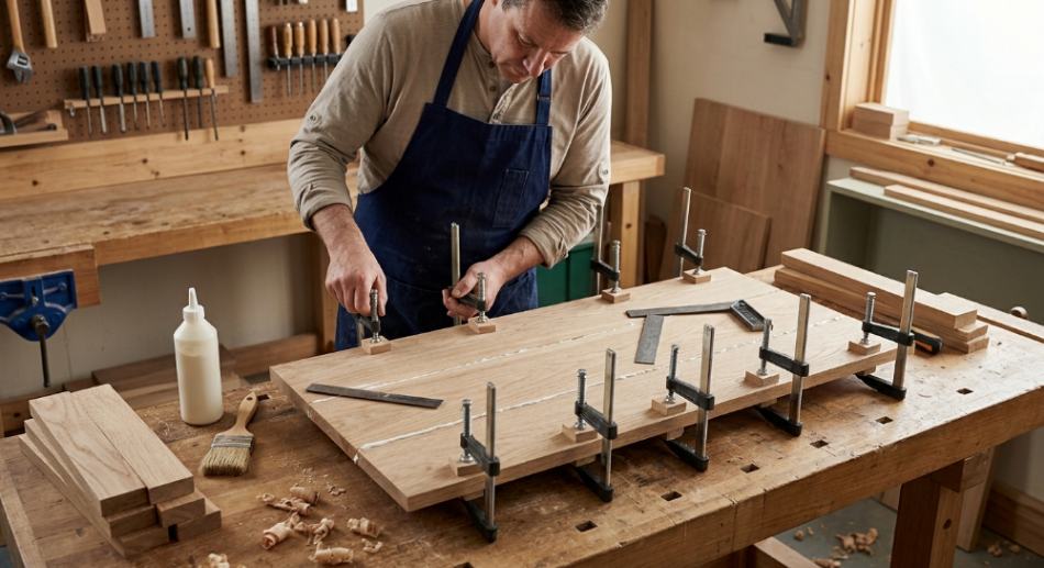 Майстер склеює дерев'яну щитову деталь за допомогою струбцин у майстерні.