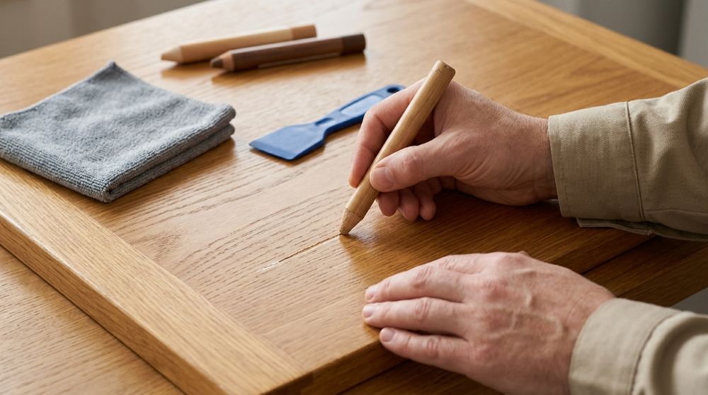 Реставрація подряпини на дерев'яних меблях за допомогою воскового олівця.